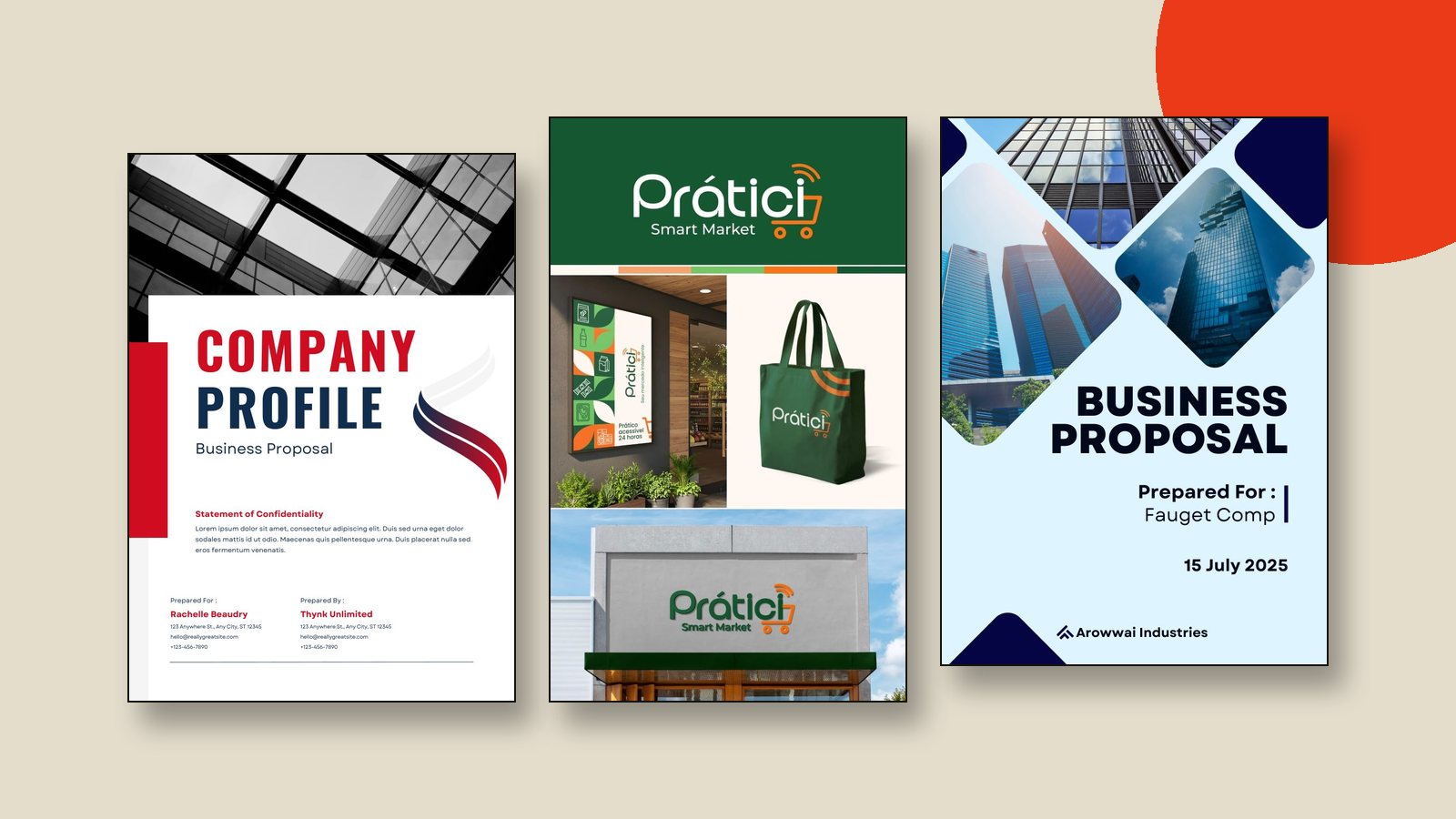 Branded company profile, packaging and proposal designs following one set of brand guidelines
