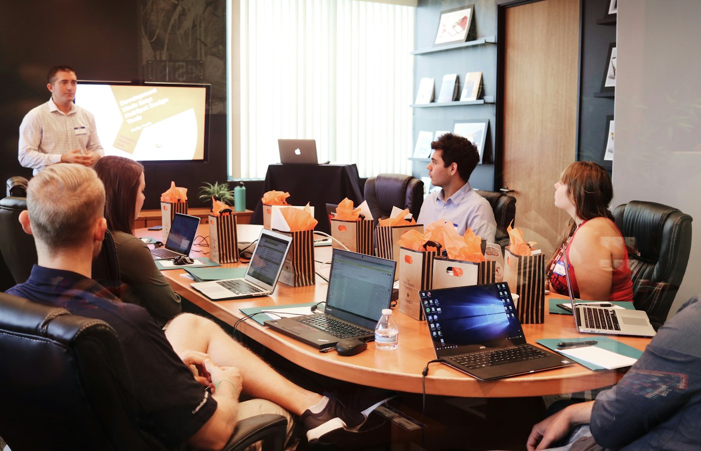 Business team reviewing a pitch deck presentation