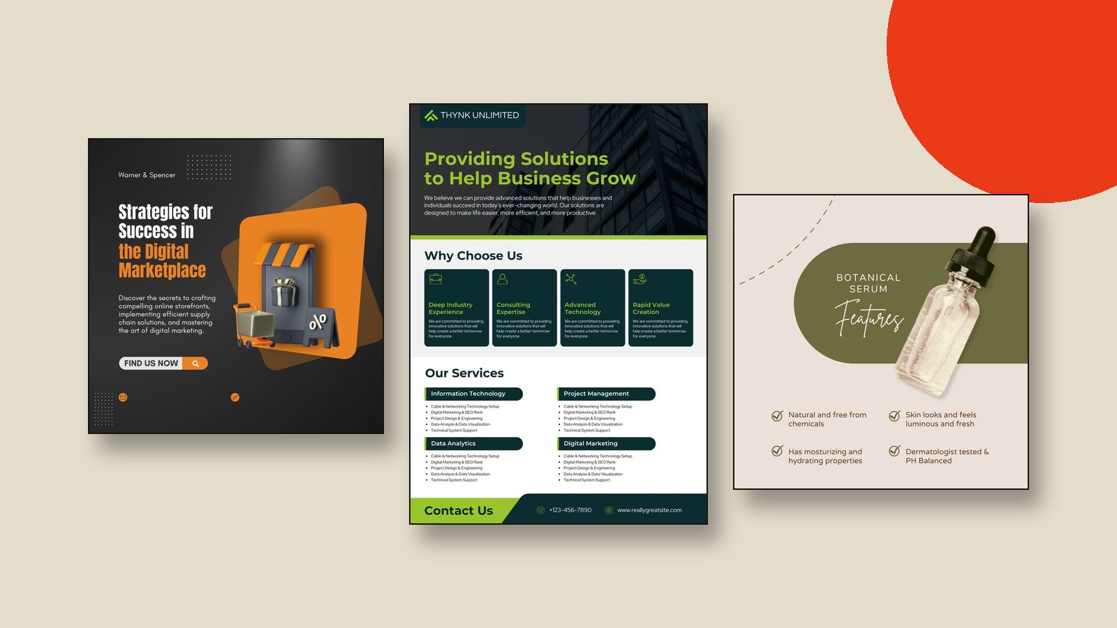 Social media posts and flyers from a consistent brand refresh
