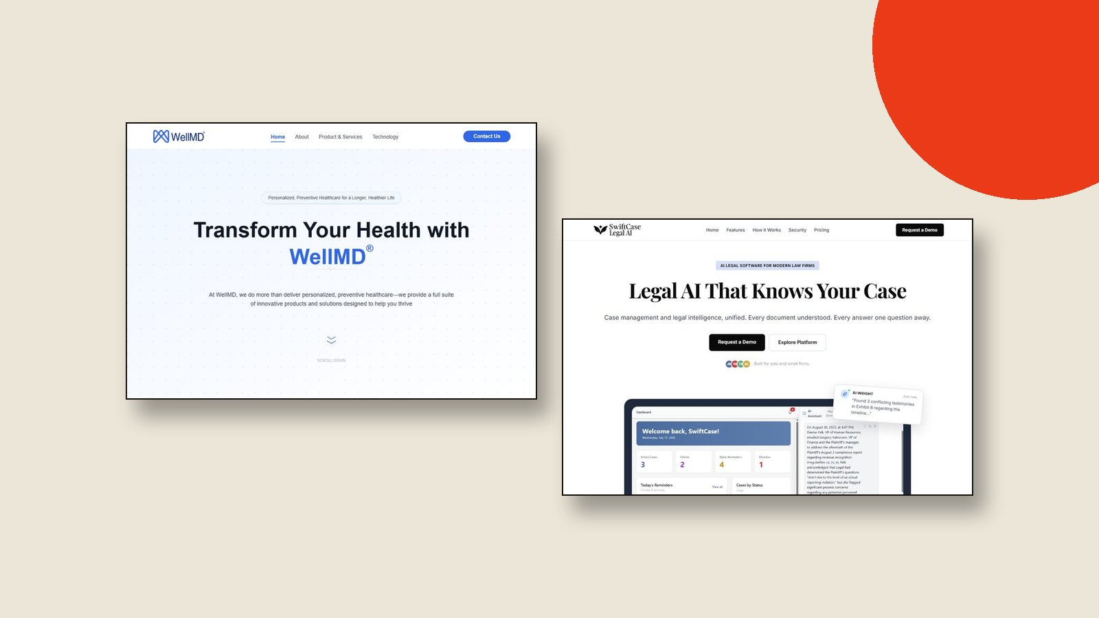 Healthcare and legal-tech websites designed and built by Muhammad Shahzaib