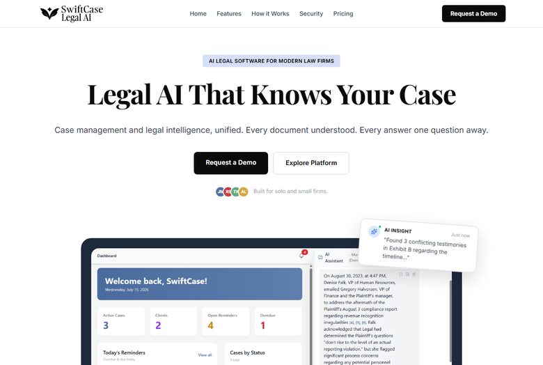 SwiftCase Legal AI website screenshot